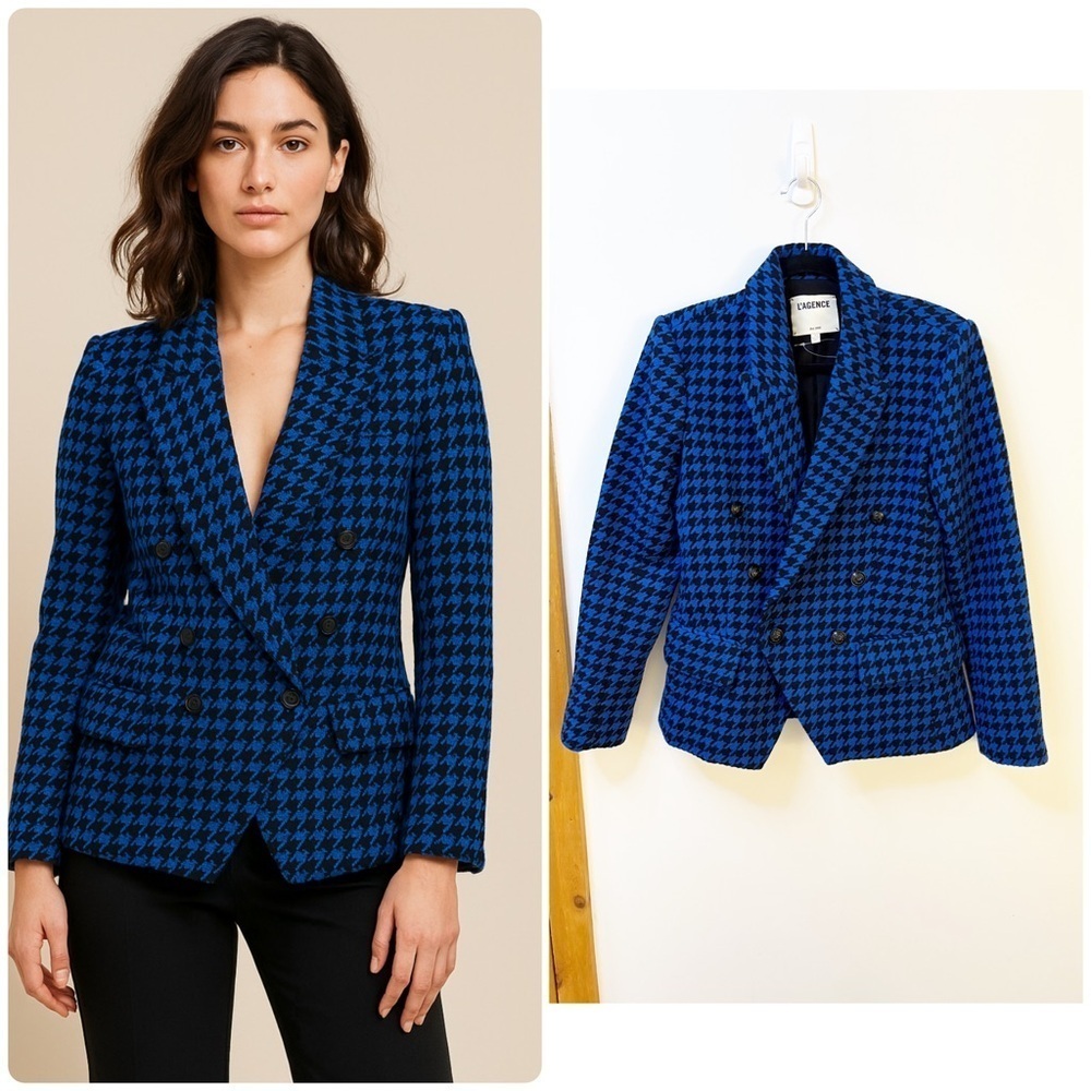 L'AGENCE Kenzie Houndstooth Double Breasted Blazer Jacket